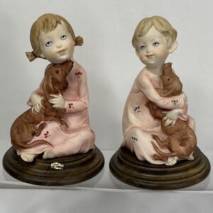 Vtg Capodimonte Giuseppe Armani Italy Figure Boy Girl Hugging Dachshund Dog Set